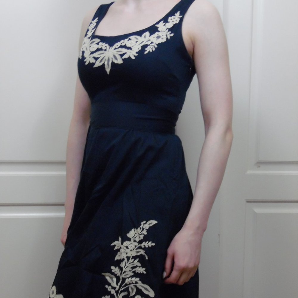 Rich Navy Dress with Cream Applique Floral Vintage